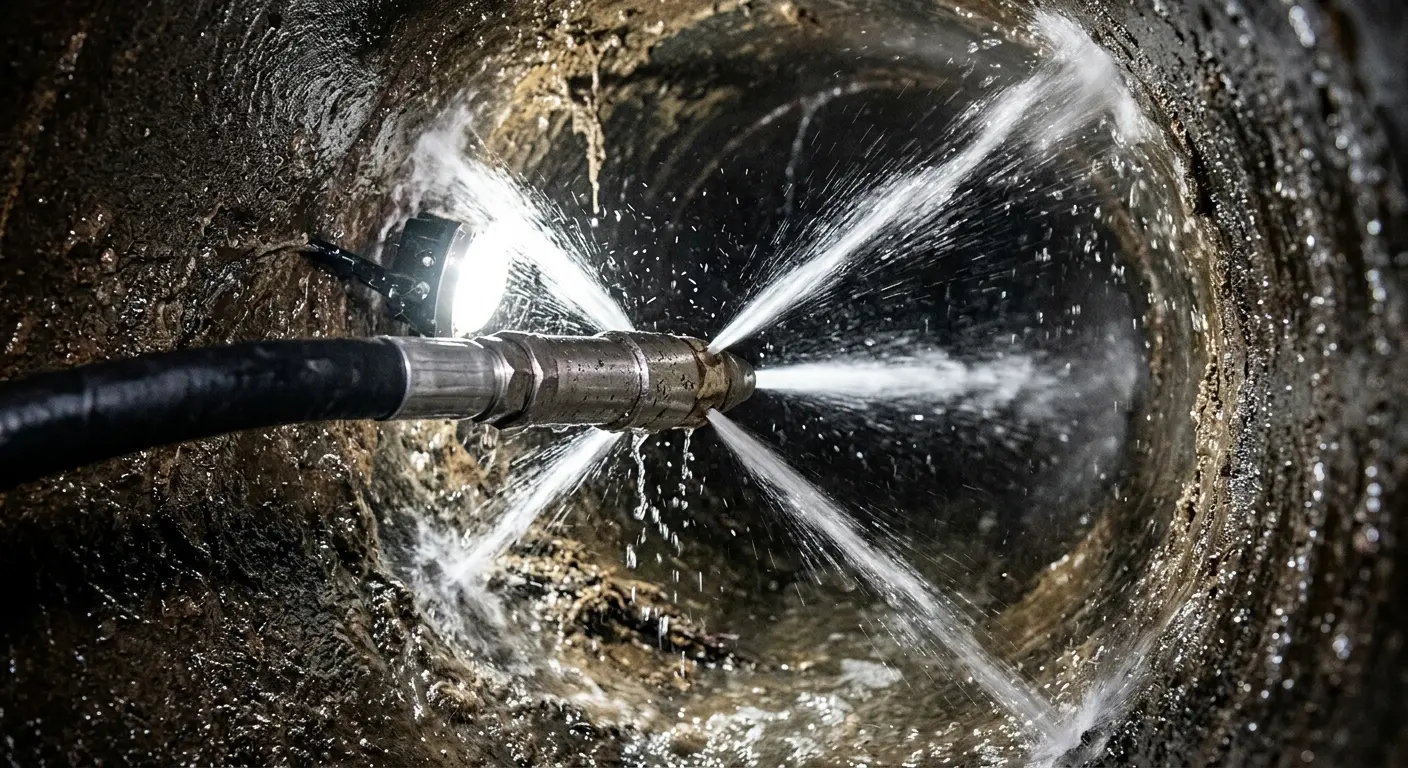High-pressure hydro jetting nozzle cleaning sewer pipe for Trenchless Sewer Repair in Arvada