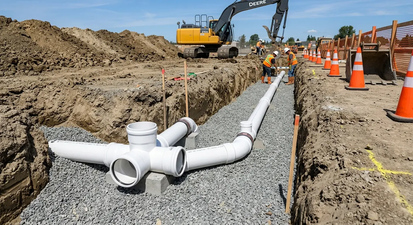 New PVC sewer pipe installation in open trench for Sewer Camera Inspection in Arvada
