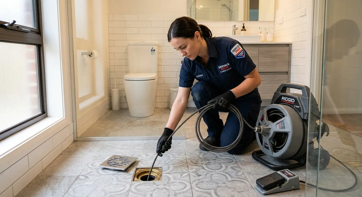 Technician clearing a bathroom floor drain for Sewer Line Installation in Arvada